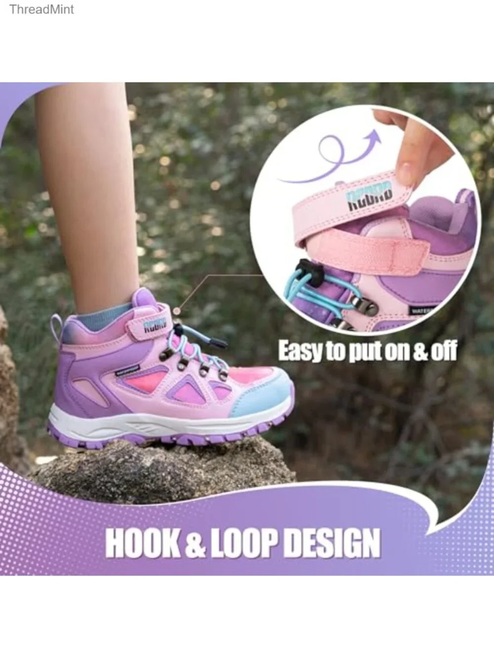 Kids Hiking Boots Waterproof Anti-Skid TPR Outsole Hook Loop Drawstring